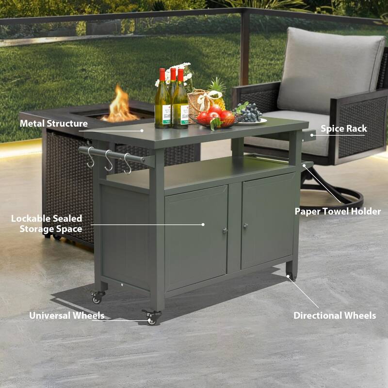 Grill carts Outdoor Storage Cabinet with Wheels, Metal outdoor grill table Kitchen Dining Table Cooking Prep BBQ Table for Patio - Grey