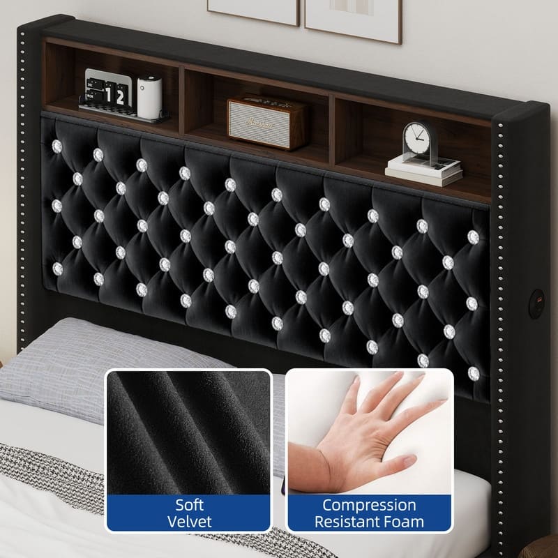 Moasis King/Queen Size Velvet Upholstered Bed Frame with Storage Headboard with USB Charging Stations
