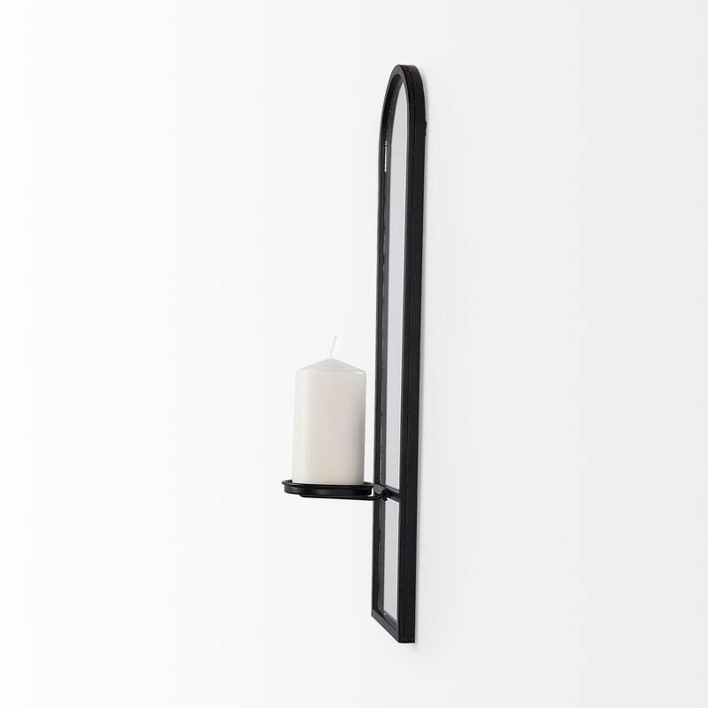 Evianna 7L x 7W x 25H Mirrored W/Black Metal Frame Wall Candle Holder - 7.2L x 6.5W x 25.2H