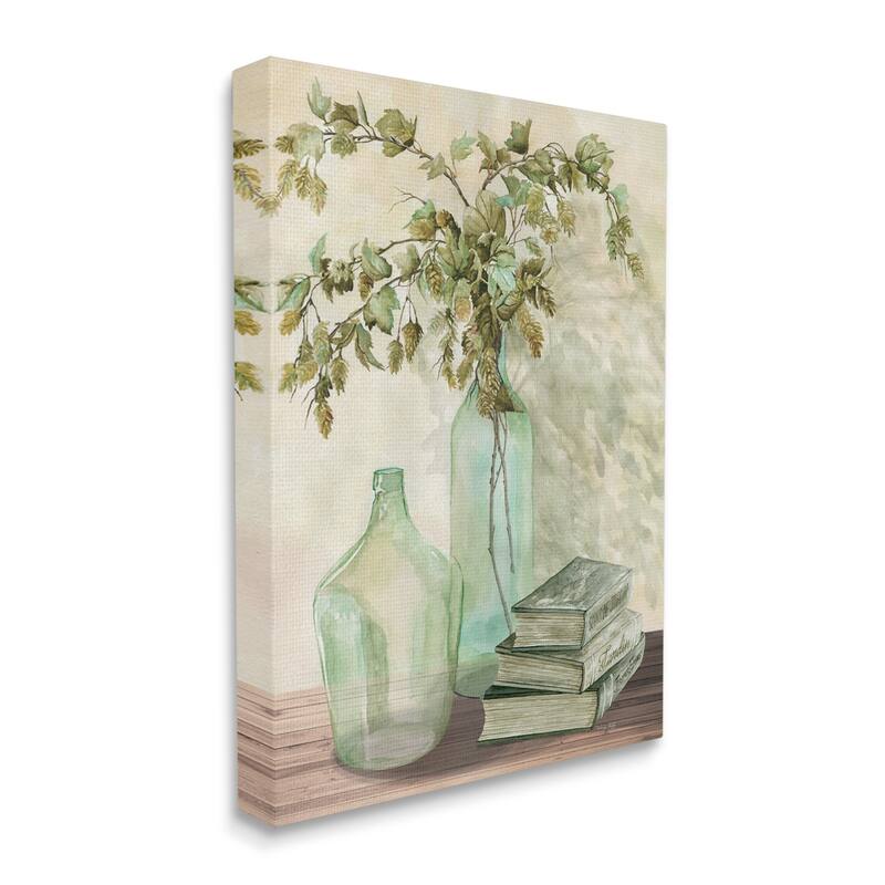 Stupell Botanical Plant Branches Country Vase Tranquil Bookstack Canvas Wall Art - Green