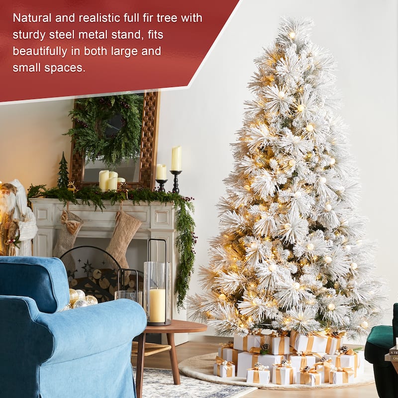 Glitzhome 7.5FT/9FT Pre-Lit Flocked Snowy Full Pine Artificial Christmas Tree with Warm White Globe Lights & Foot Switch