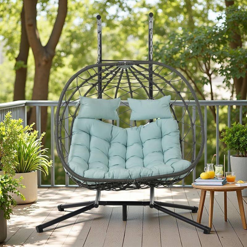 Steel Frame 2-Person Egg Chair with Stand and Outdoor Wicker Hanging Swing for Patio/Balcony - blue