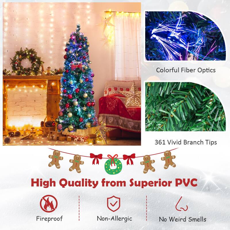 5FT Pre-Lit Christmas Pencil Tree with Colorful Fiber Optics Green