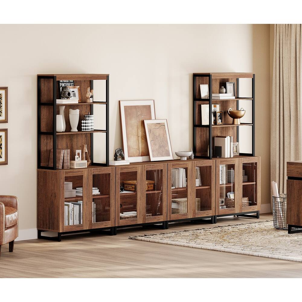Modern 72" Tall Bookcases with Glass Doors and Adjustable Shelves, Wood Bookshelves for Home Office, Living room.