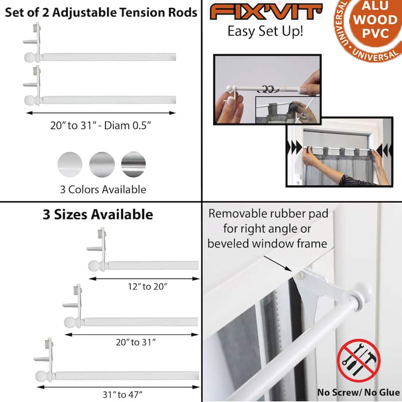 Set of 2 Adjustable Tension Rods FixVit 12" to 47" - Diam 0.5"