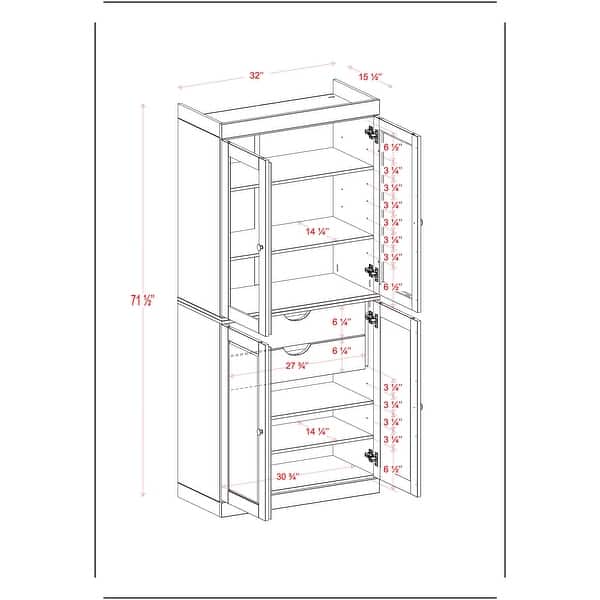 dimension image slide 1 of 3, Palace Imports 100% Solid Wood Pantry Cabinet, 2 Drawers, Adjustable Shelves, 32" Wide, 71.5" Tall - 32" x 71.5"