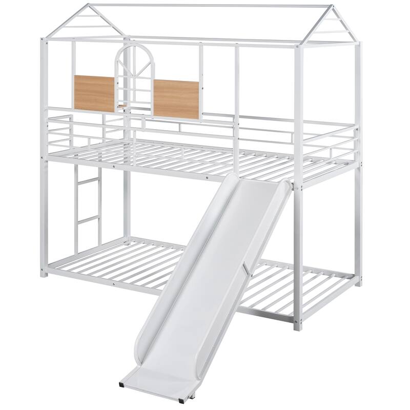 Twin Over Twin Metal Bunk Bed with Slide, Playhouse Design