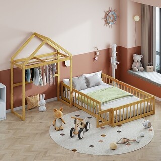 Full Size Platform Bed with Detachable Headboard,Integrated Clothes Drying Rack