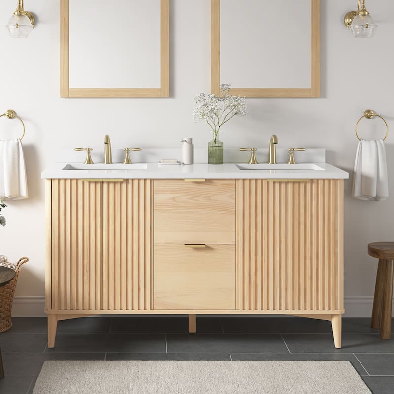 Gabi Bathroom Vanity with White Engineered Stone Top - 60" - Rustic Ash