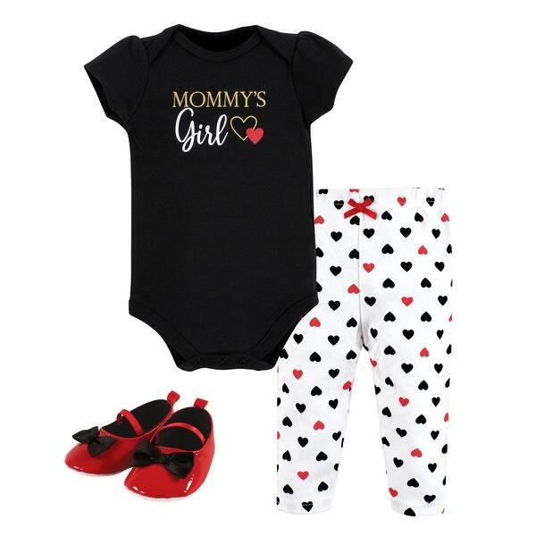 slide 1 of 1, Hudson Baby Infant Girl Cotton Bodysuit, Pant and Shoe Set, Girl Mommy Red Black 0-3 Months - Girl Mommy Red Black