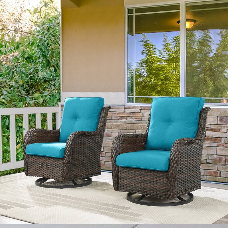 ArcoBay Wicker PE Rattan Outdoor Patio Swivel Glider Chairs with 4'' Olefin Cushions (2-Pack) - Brown Wicker - Light Blue