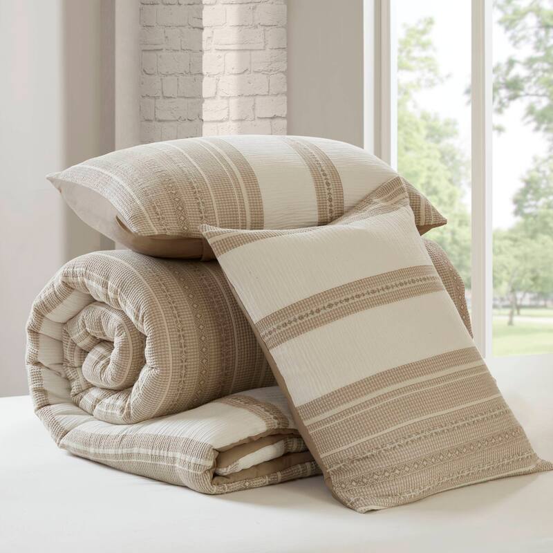 GDF Studio - Amara Textured Cotton Comforter 3-Piece Set with Waffle and Gauze Weave