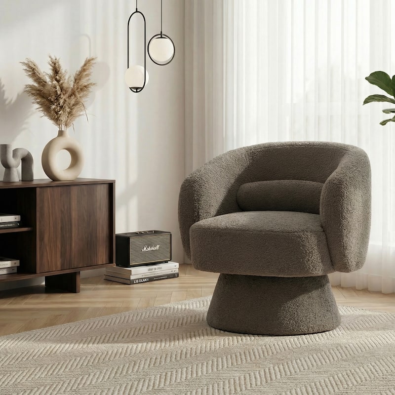 360° Swivel Accent Chair, Round Barrel Upholstered Armchair with Lumbar Cushion - Light Grey
