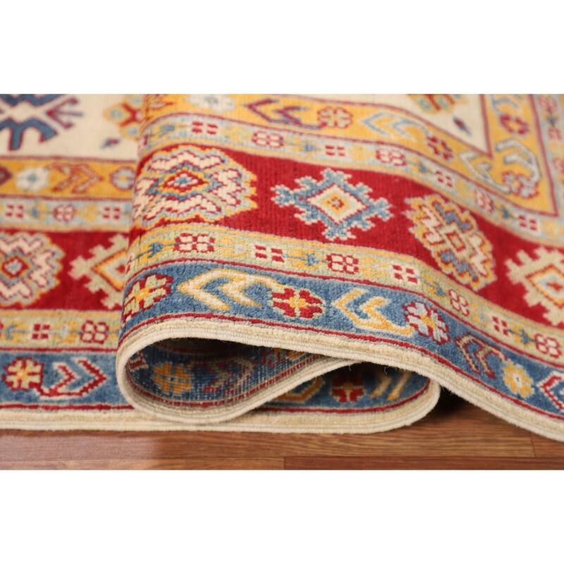 Geometric Kazak Oriental Area Rug Hand-Knotted Grey Wool Carpet - 4'10" x 6'5"