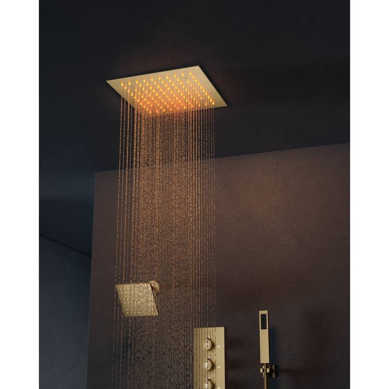 Dual LED Shower Head 12" Rainfall & 6" High Pressure Shower System w/ 4 Way Thermostatic Shower Faucet Set