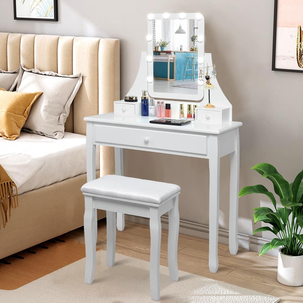 Costway Vanity Table 10 Dimmable Bulbs Makeup Desk WhiteBlackBrown