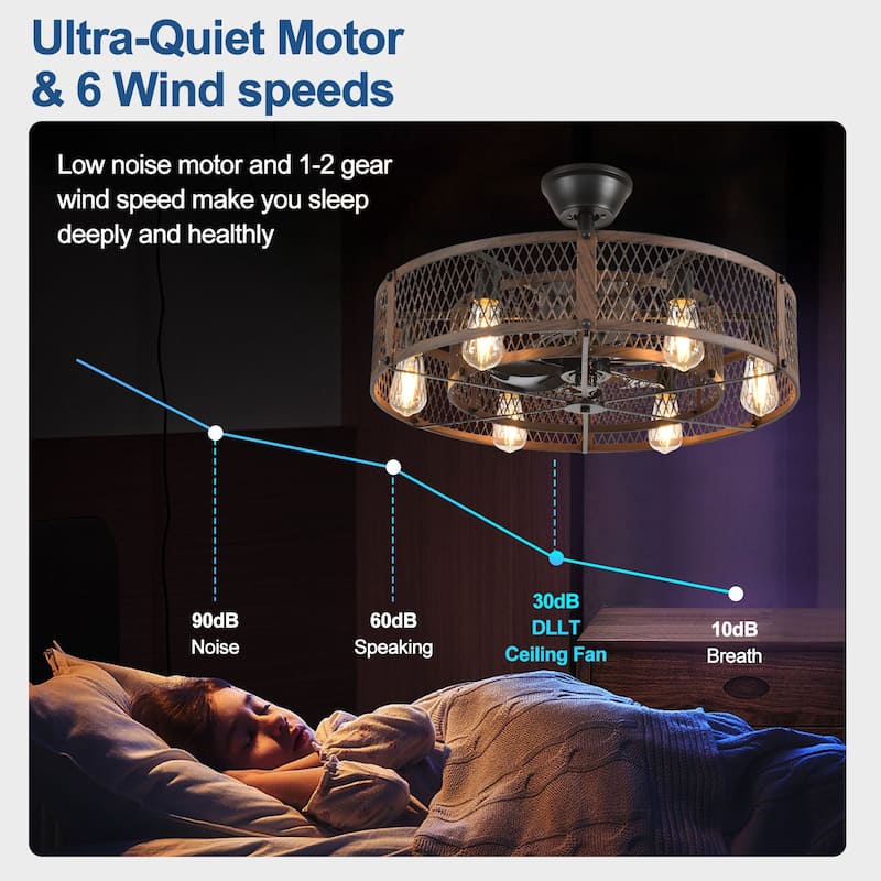 20-26" Caged outdoor Ceiling Fan with Light: Remote App Control-Farmhouse Fandelier Flush Mount Fixture Reversible 6 Speed Timer