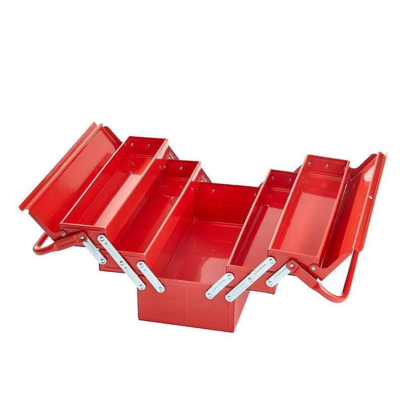 18 Inch Red Metal 3-Tier 4 Trays Folding Cantilever Toolbox with Double Handles and Smooth Flip-Top Design