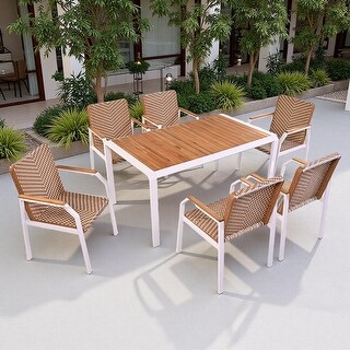 7-Piece Outdoor Patio Dining Set with Acacia Wood Tabletop and 6 Weave ...