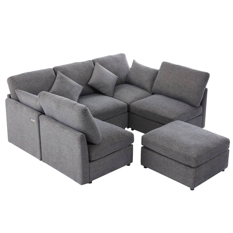 L-Shaped Modular Sectional Sofa Convertible U-Shaped Sofa Bed with Movable Ottoman and 2 USB Ports, 2 Pillows, Chenille 5 Seat