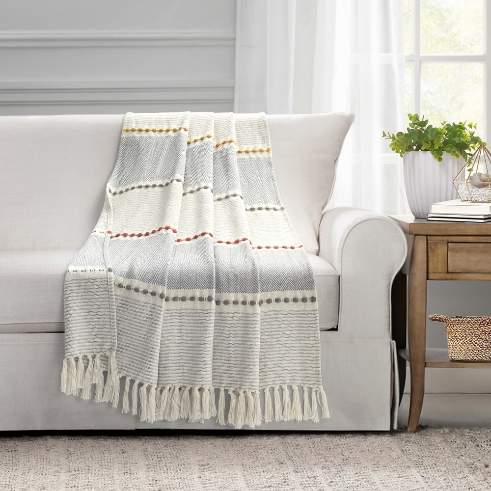 Lush Decor Herringbone Stripe Yarn Dyed Cotton Woven Tassel Throw Blanket