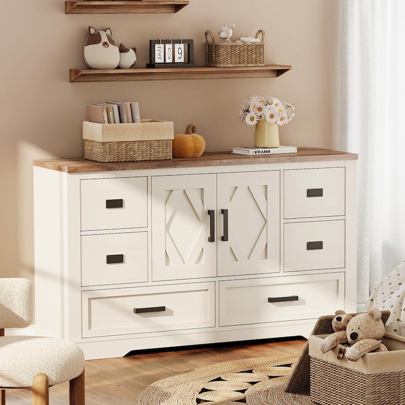 WAMPAT Farmhouse Dresser for Bedroom,60 inch Wood Dresser TV Stand - Antique White