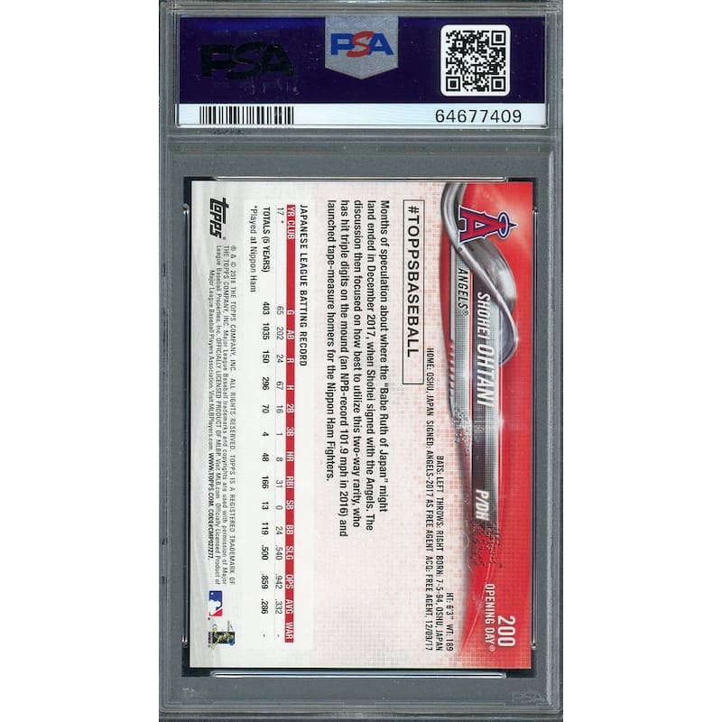 Shohei Ohtani 2018 Topps Opening Day Baseball Rookie Card #200 Graded PSA 10 - 8'6" x 11'6"