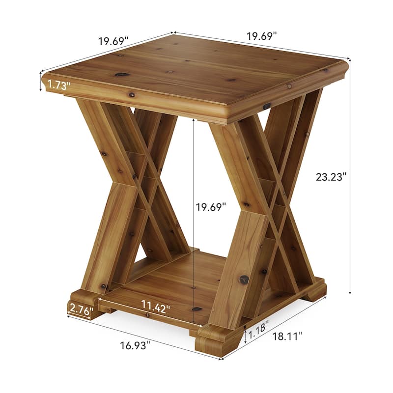 Solid Wood End Table, 2-Tier Side Table with Geometric X-Shape Design