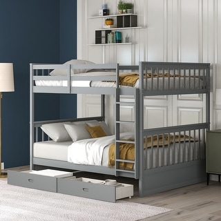 Wood Full Over Full Bunk Bed with Ladders and 2 Storage Drawers
