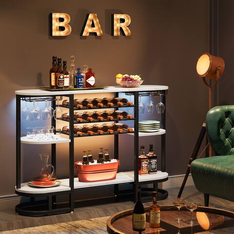 18 Bottles Modern Wine Rack Table with 12 Wine Glasses Holder,Freestanding Liquor Buffet Table for Dining Room, Kitchen