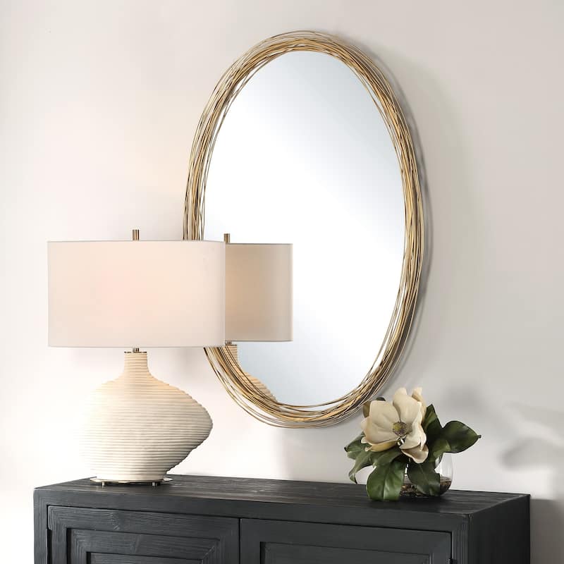 Framed Oval Iron Wall Mirror - 38.75" - Antique Gold Finish