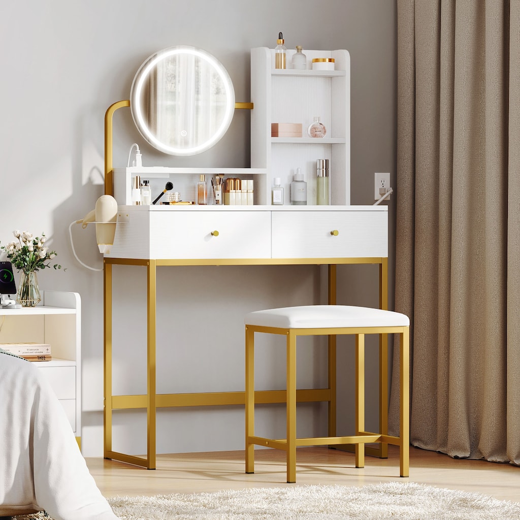 Moasis Makeup Vanity Desk with LED Lighted Mirror and Charger Station