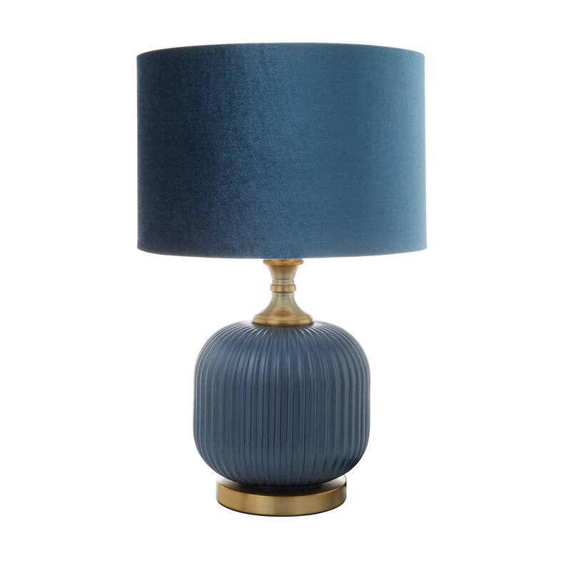 Blue Fabric Ribbed Table Lamp with Velvet Shade and Gold Accents