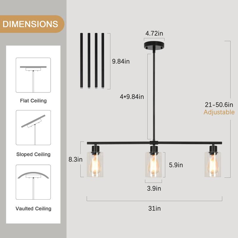 Modern Linear Ceiling Hanging Light 3-Lights Industrial Pendant Light with Adjustable Height for Living Room, Foyer - N/A