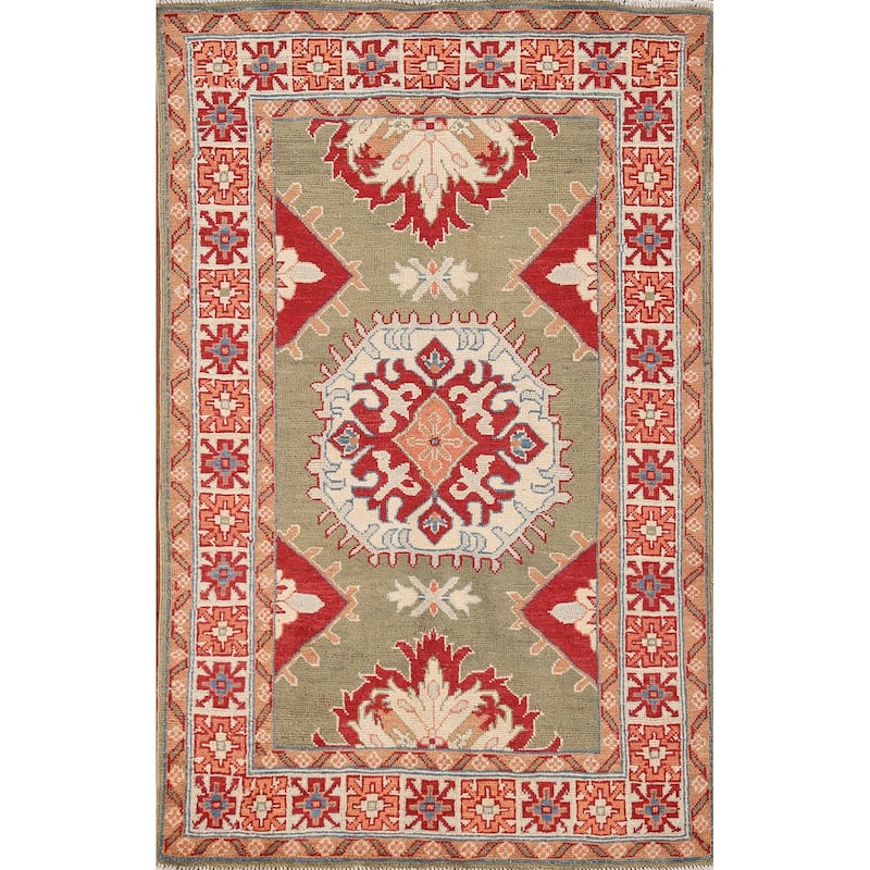 Geometric Green Kazak Oriental Accent Rug Handmade Wool Carpet - 3'3"x 5'1"