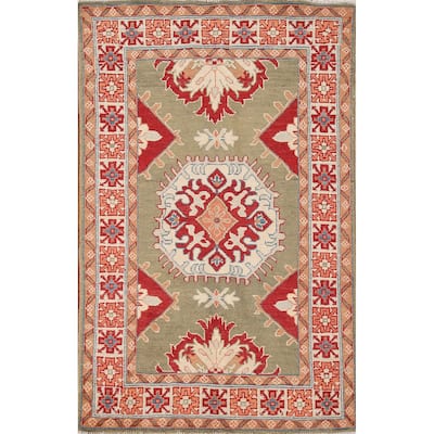 Geometric Green Kazak Oriental Accent Rug Handmade Wool Carpet - 3'3"x 5'1"
