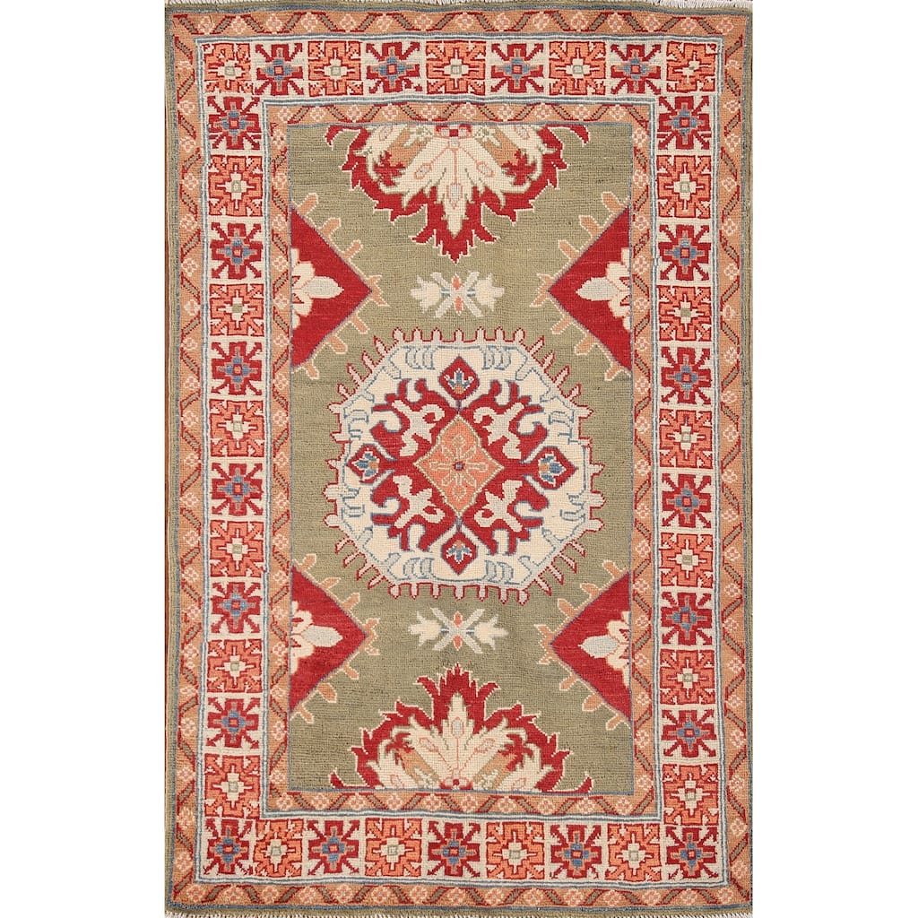 Geometric Green Kazak Oriental Accent Rug Handmade Wool Carpet - 3'3"x 5'1"