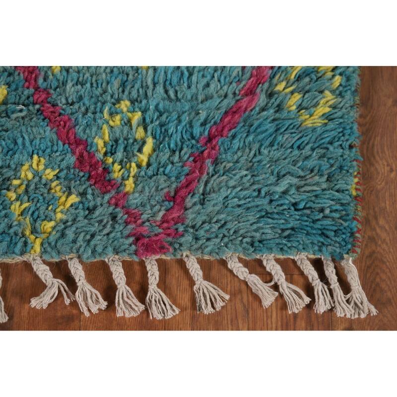 Turquoise Trellis Moroccan Plush Accent Rug Handmade Wool Carpet - 3'0" x 5'4"