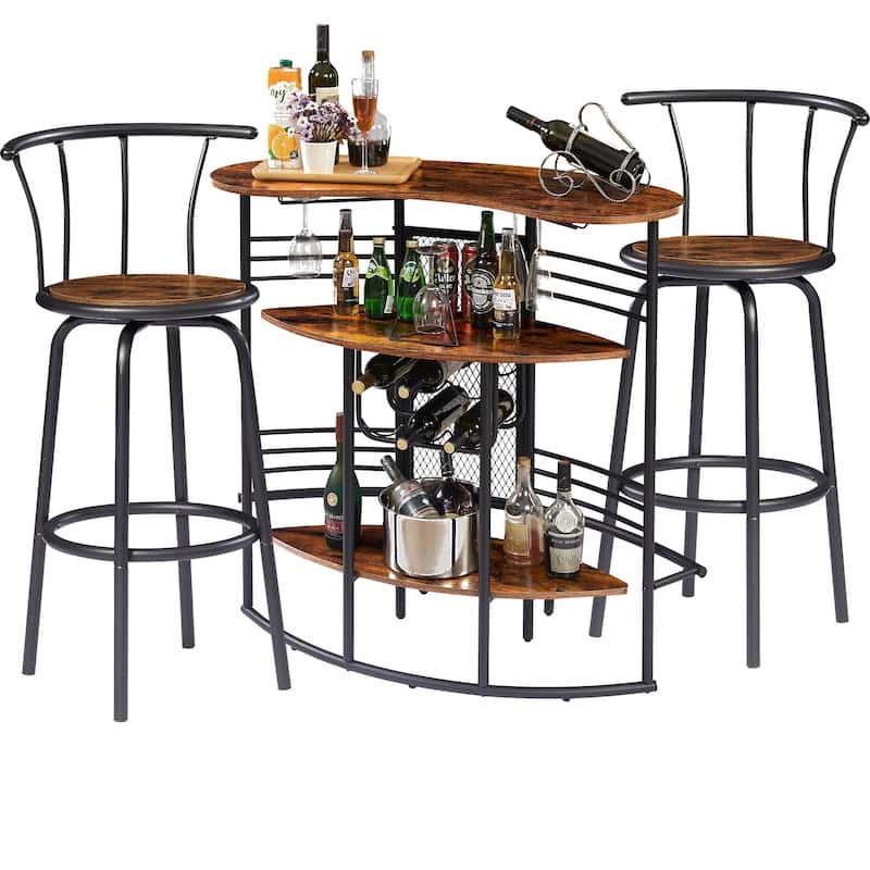 VECELO, 3-Piece Bar Table Set, Rustic Dining Room Pub Tables with Storage Shelf, 2 Back Barstools, Counter Height,