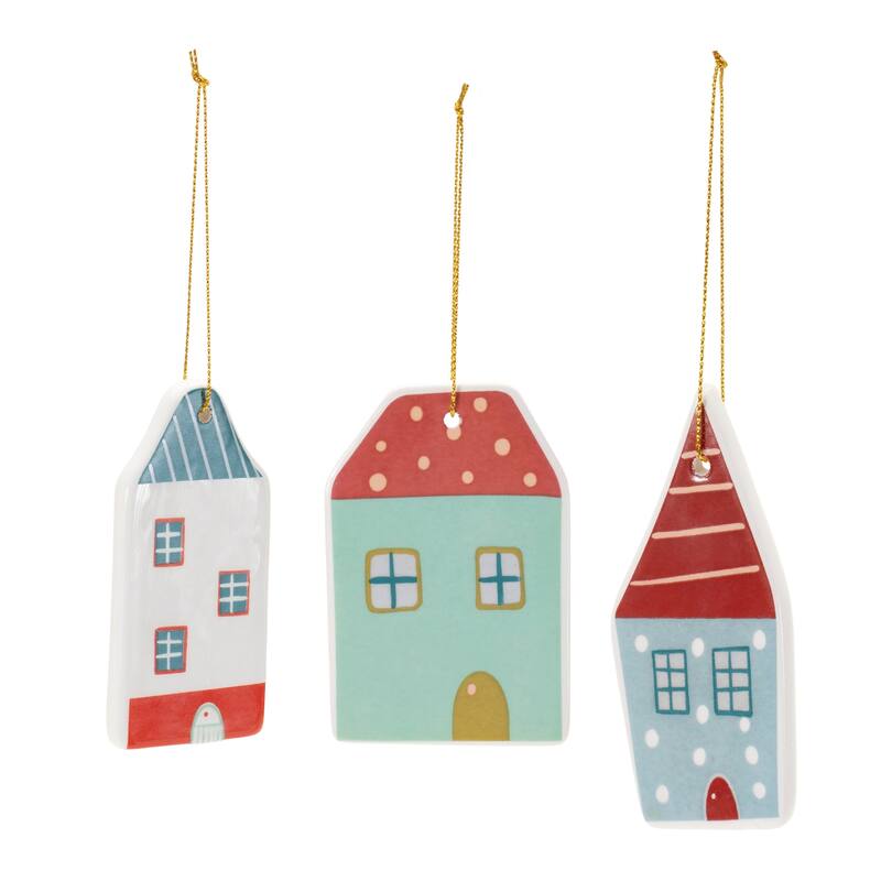 Set of 12 Modern Ceramic Winter House Ornaments with Glossy Red Green Finish for Holiday Decor - 2.25”L x 0.5”W x 3.25”H