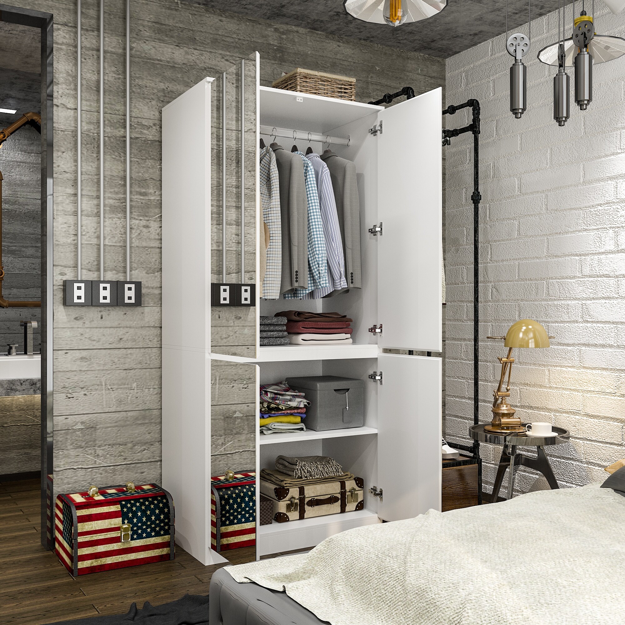 White Modular Wardrobe with Full Mirror Closet Cabinet Armoires  -image