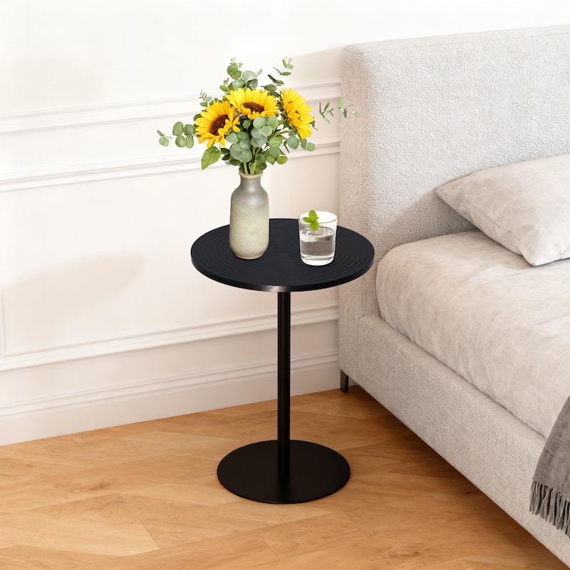 Set of 2 Small Round Side Table Wooden Concentric Circles Coffee Table for Two Metal Pedestal Nightstand for Corner Small Space