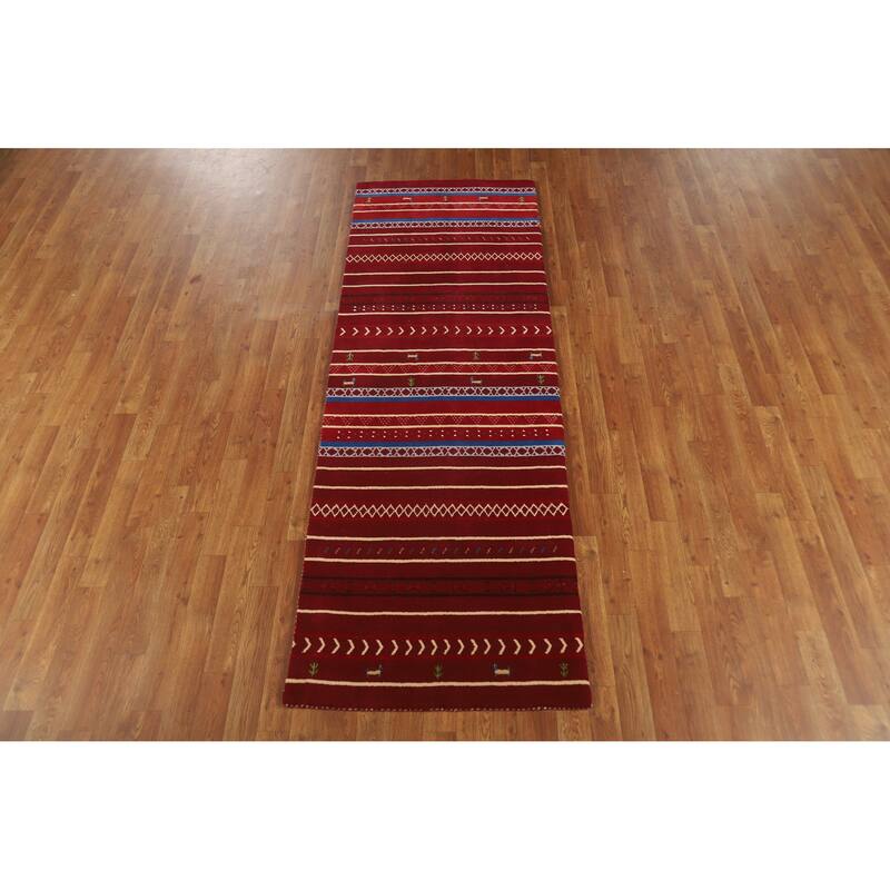 Tribal Red Gabbeh Indian Runner Rug Handmade Wool Carpet - 2'7" x 7'8"