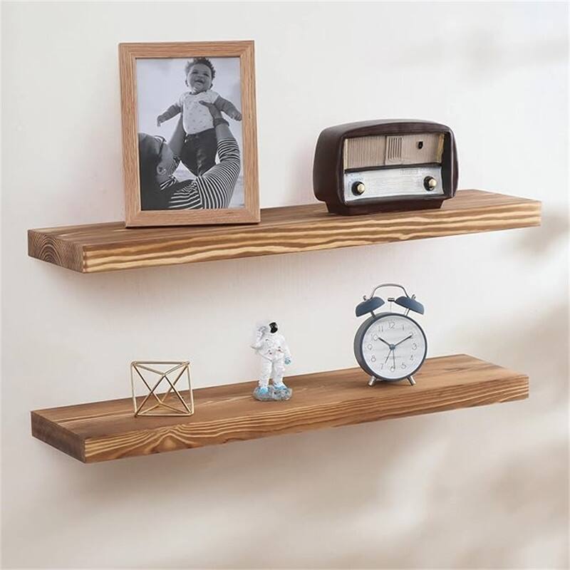 Floating Shelves - Farmhouse Natural Rustic Wooden Wall Shelf Set of 2-24 Inch Storage - 24"D x 6.7"W x 1.4"H - Carbonized