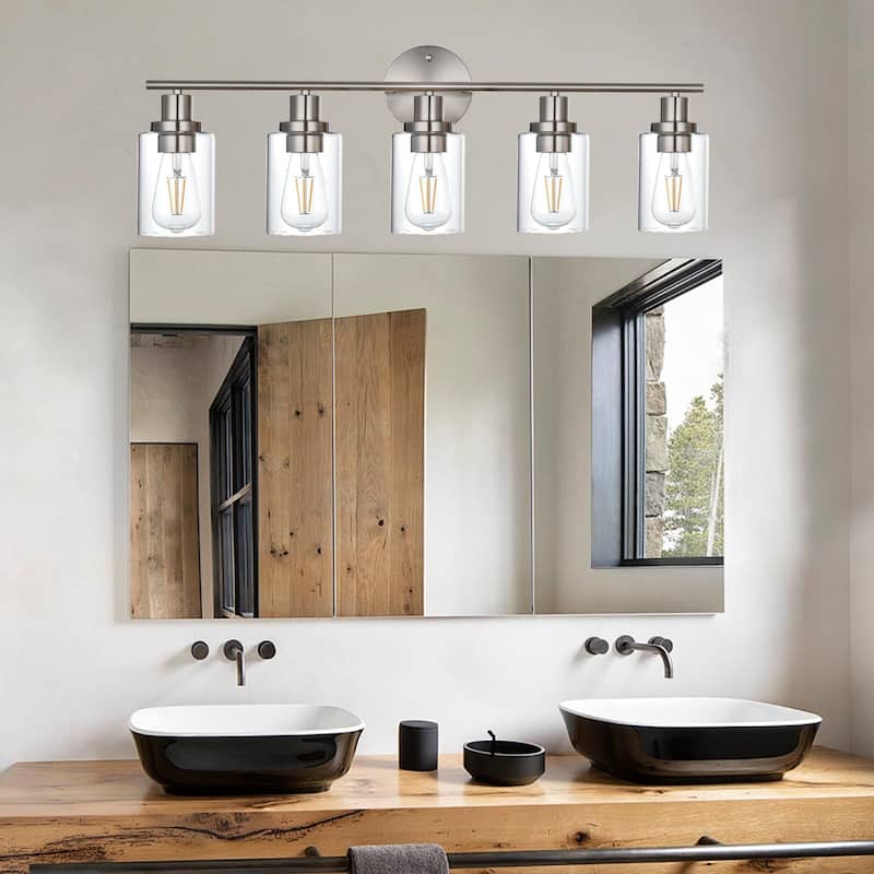5-Light Bathroom Light Fixtures, Brushed Nickel Modern Vanity Lights Over Mirror with Clear Glass Shade, Bathroom Wall Lamp