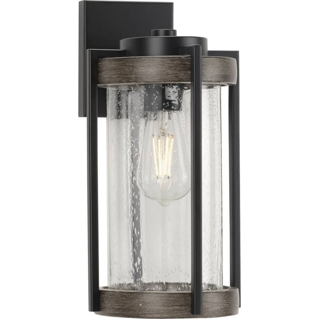 Whitmire Collection One-Light Matte Black with Aged Oak Accents Clear Seeded Glass Farmhouse Outdoor Wall Lantern Light