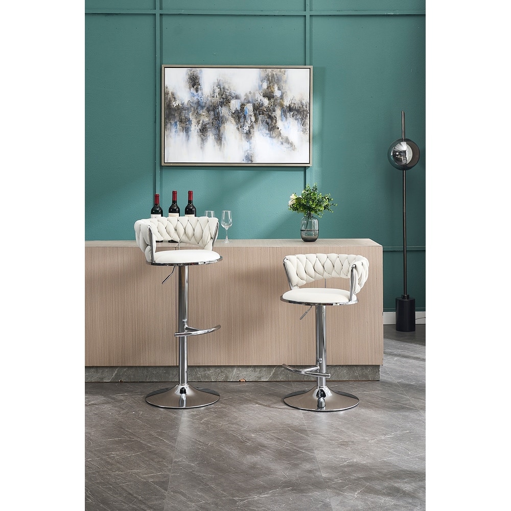 Set of 2 Adjustable Swivel Bar Stools, Cream Velvet with Chrome Footrest & Chrome Legs