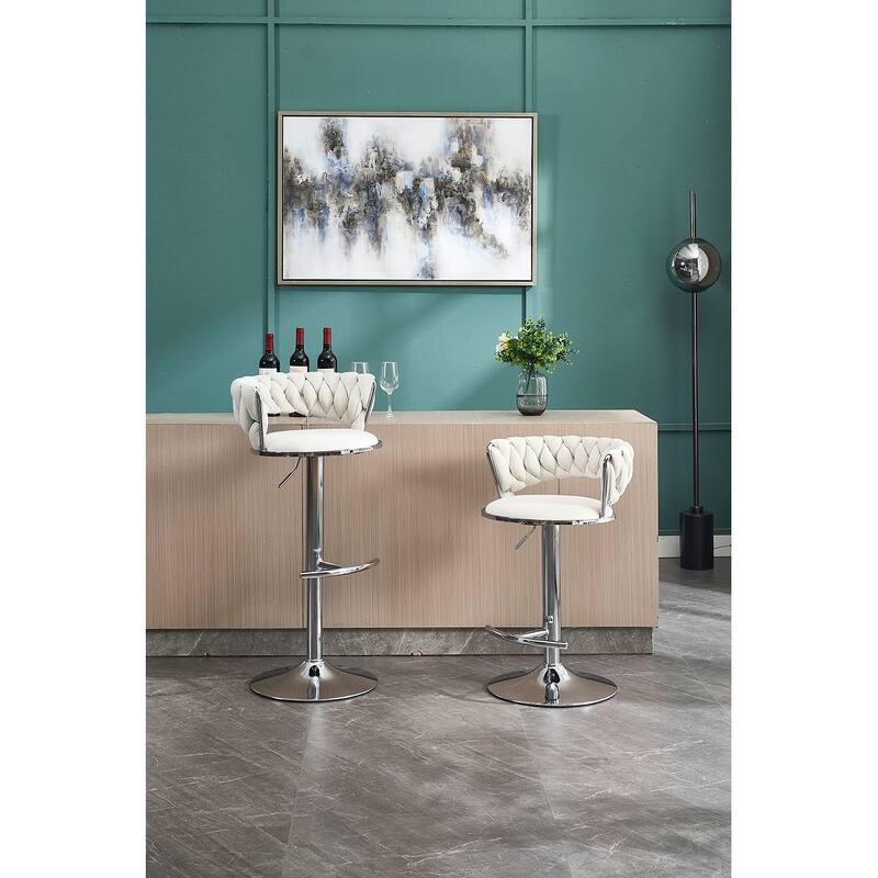 Set of 2 Bar Stools, with Chrome Footrest and Base, Swivel, Height Adjustable Mechanical Lifting, Velvet Upholstered - Cream