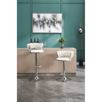 Velvet Bar Stools Set of 2, Kitchen Island Stools with Adjustable Height, Swivel Bar Stool with Chrome Footrest