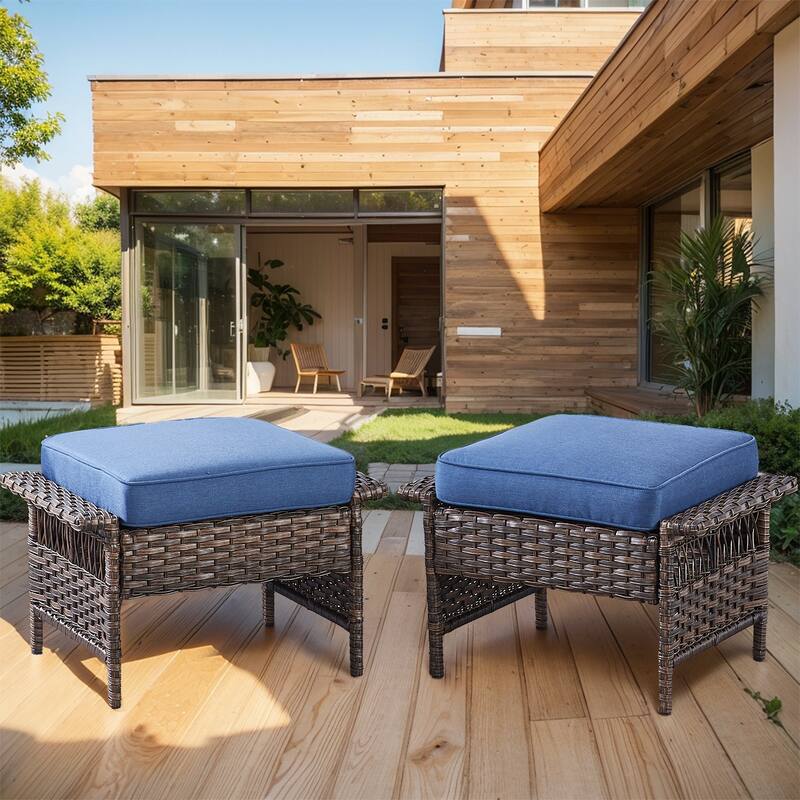 Pocassy Outdoor Swivel Chairs with Sofa Chair Ottoman and Table Set - Brown Wicker Blue Cushion - 2-Piece Patio Ottoman